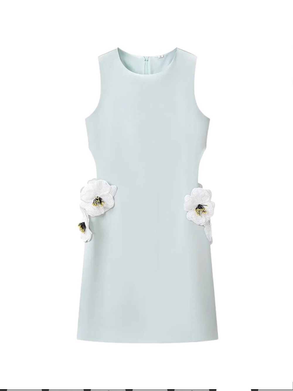 NWT - Sleeveless Light Blue Mini Dress with White Floral Appliqués & Cut Outs.